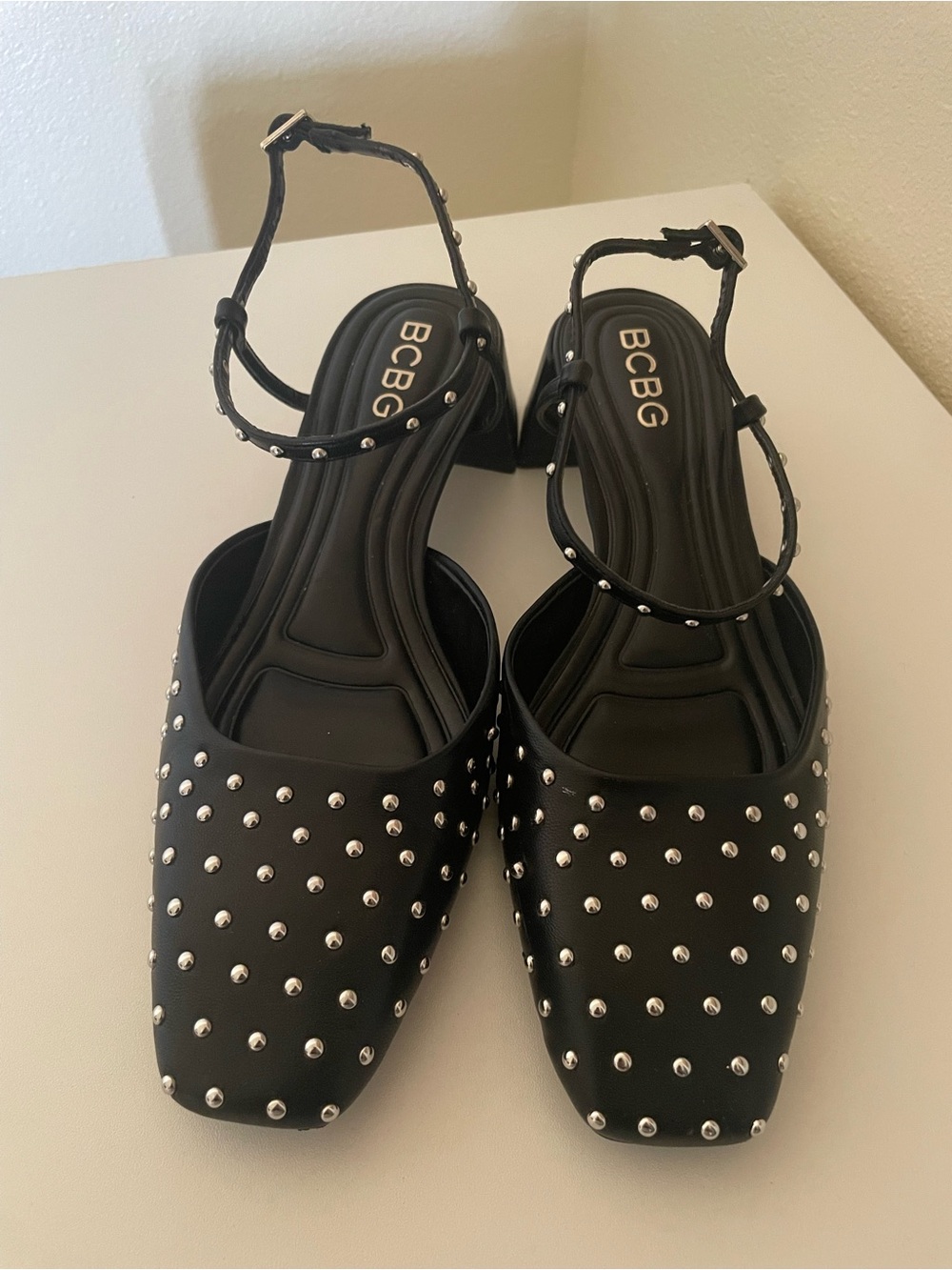 BCBG Black Studded Ankle-Strap Shoes with low heel